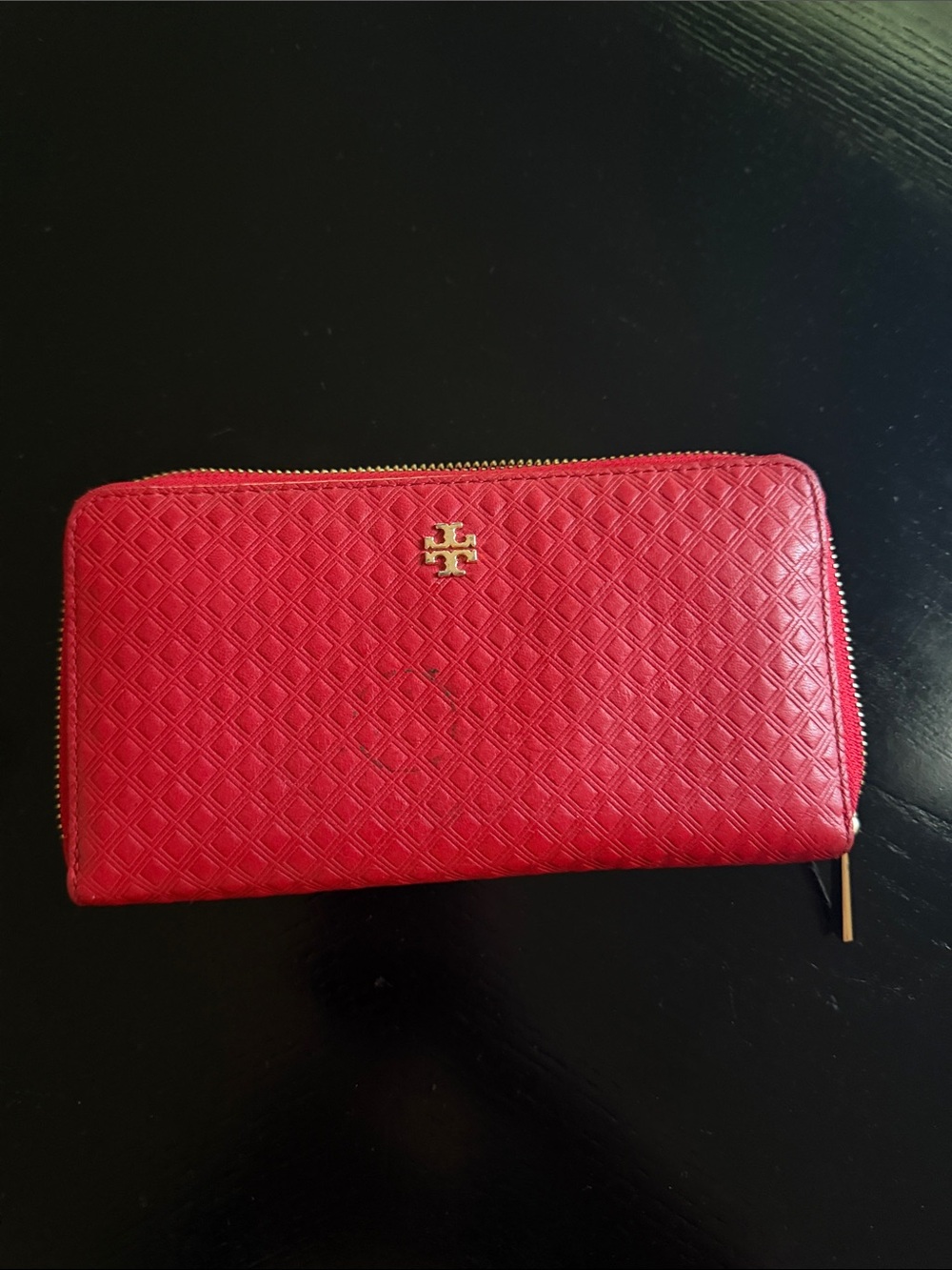 Tory Burch Quilted Red Zip-Around Continental Wallet with Gold Logo